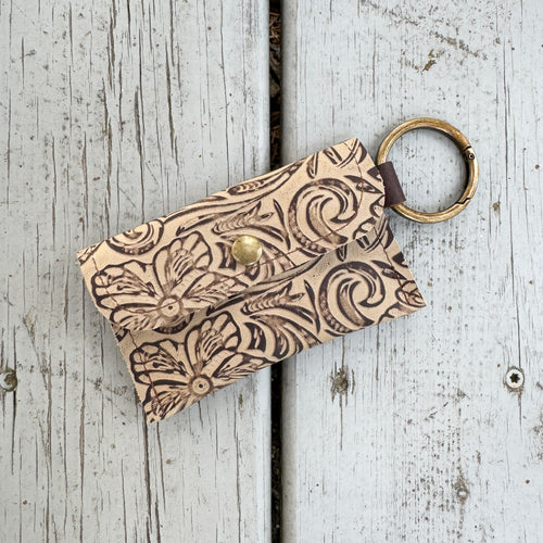 Keychain Wallet - Cafe au Lait Floral Embossed with Antique Brass