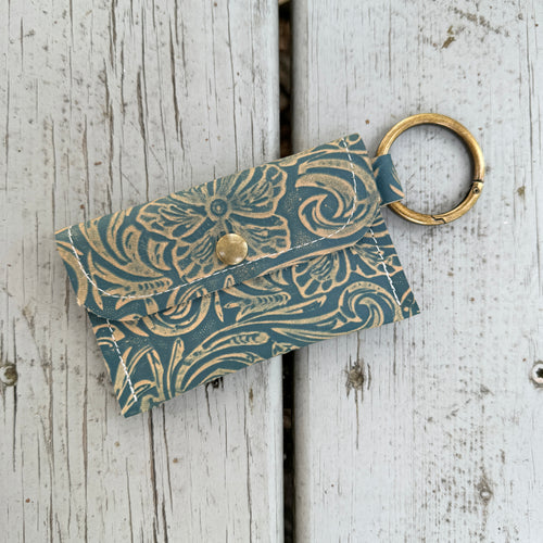 Keychain Wallet - Vintage Teal + Cream Embossed with Antique Brass