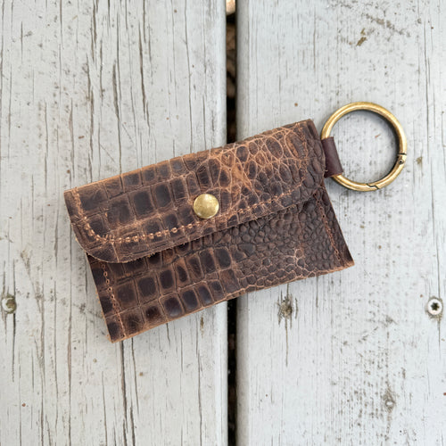 Keychain Wallet - Brown Croc with Antique Brass
