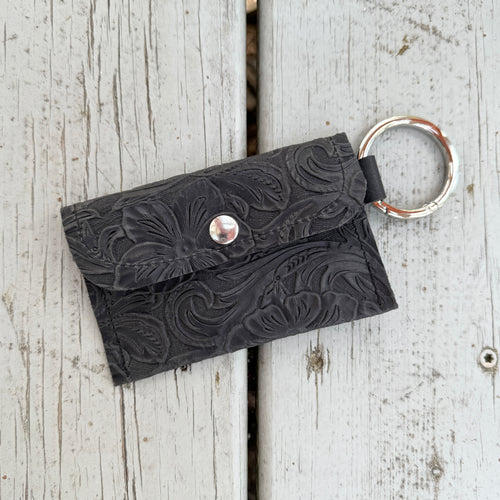 Keychain Wallet - Black Floral Embossed with Silver