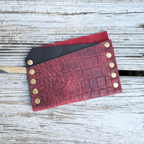 Card Wallet - Red Croc Embossed w Brass