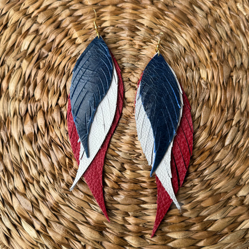 XL Wings of an Angel - Blue + White + Red - Leather Earrings
