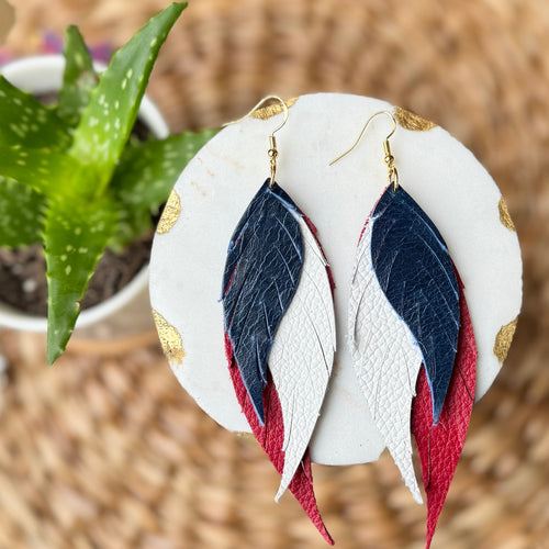 Wings of an Angel - Blue + White + Red - Leather Earrings