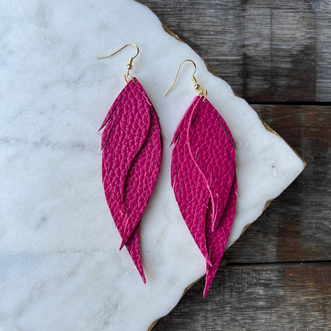 Wings of an Angel - Small - Bright Pink Leather Earrings