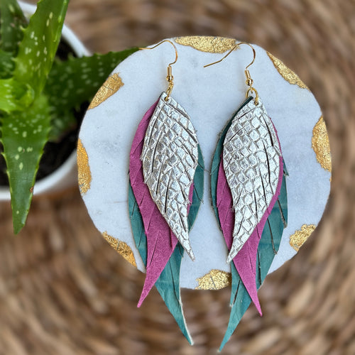 Wings of an Angel - Small - Scales + Pink + Turquoise Croc - Leather Earrings