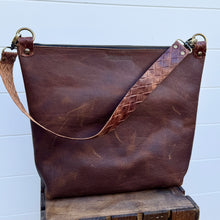 GO BIG Zippered Tote - Basketweave Brown + Rose Gold Acid Wash