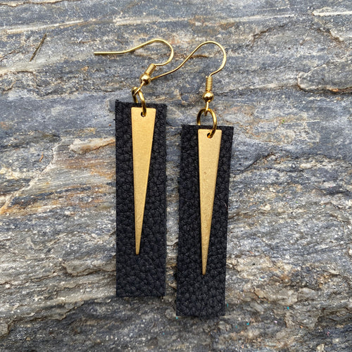 Spike Bars - Black - Brass & Leather Earrings