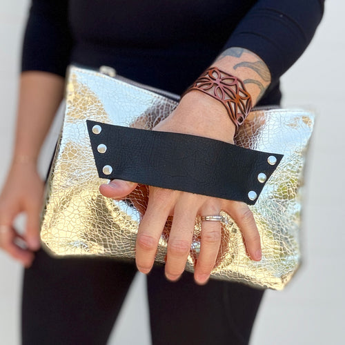 [raleigh leather] mini Clutch - Silvery Champagne Crackle + Black
