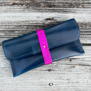 Leather Wallet - Glossy Blue + Metallic Pink