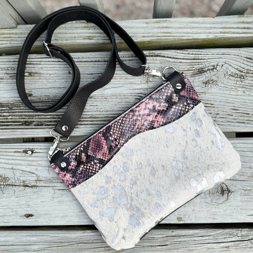Go Small Wave Zippered Crossbody - Silver Acid Wash + Pink Snake