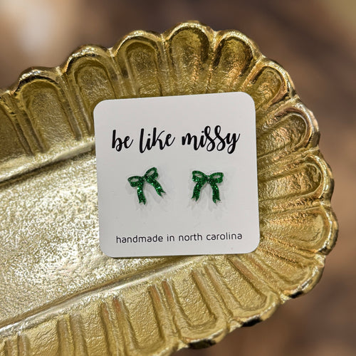 Audrey - Bow Studs - Green Glitter