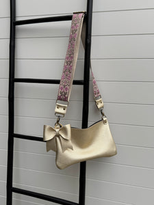 Clutch Sized Crossbody Bag with Statement Strap + Bow - Champagne