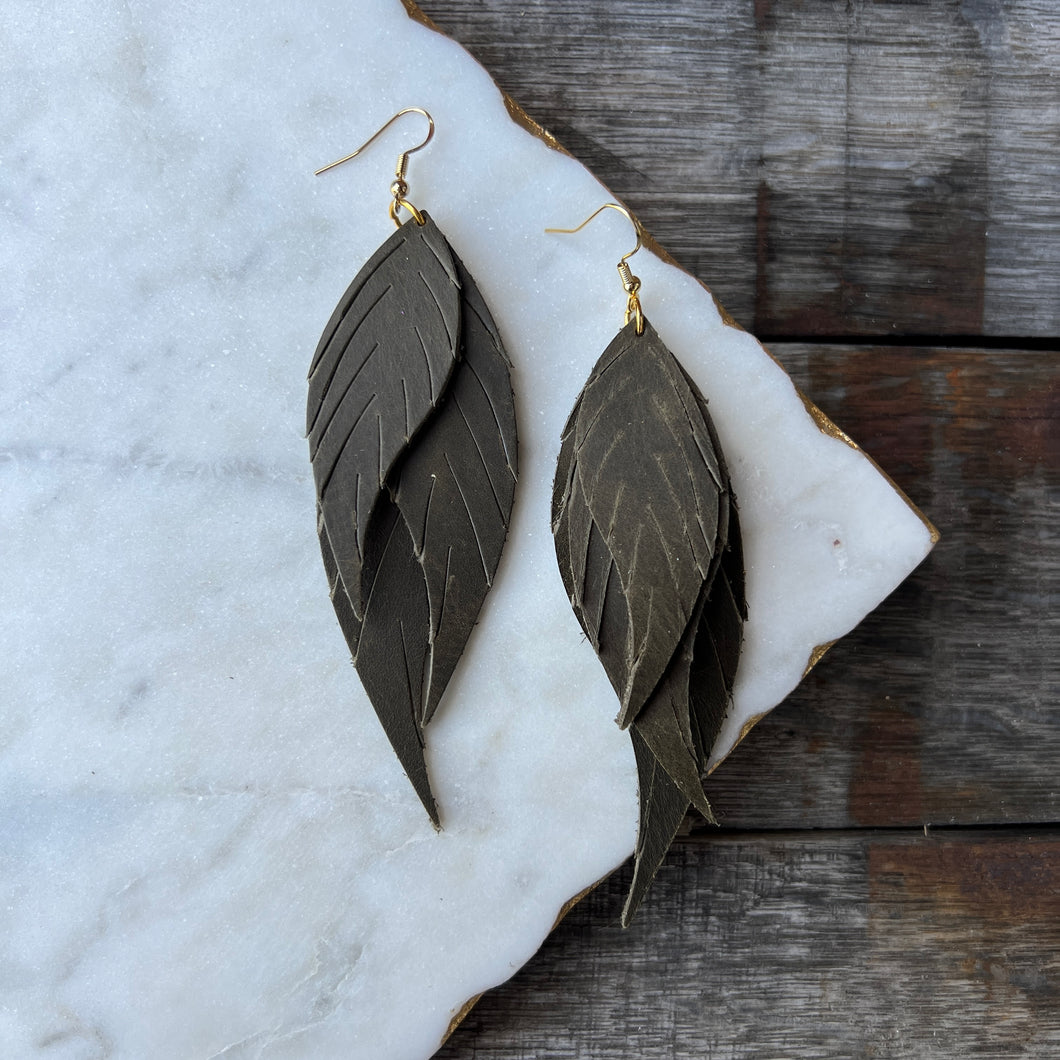 Wings of an Angel - Small - Army Green Leather Earrings