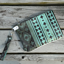 Large Zippered Wristlet - Turquoise Embossed + White