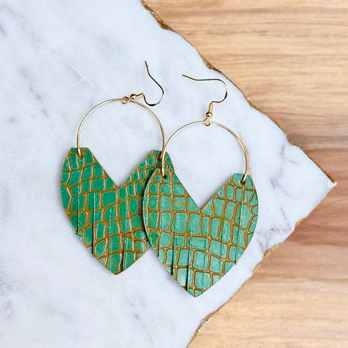 Glam Hoops - Spring Green Snake - Leather Earrings