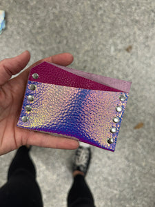 Card Wallet - Iridescent Pebble Grain with Pink