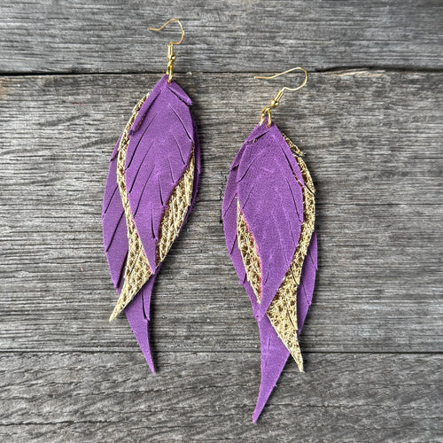 Wings of an Angel - GAMEDAY - Purple + Gold - Leather Earrings