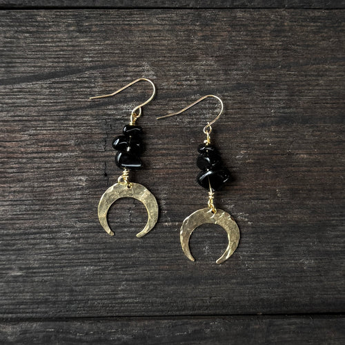 Tiny Moon Drops - Obsidian - Brass Earrings