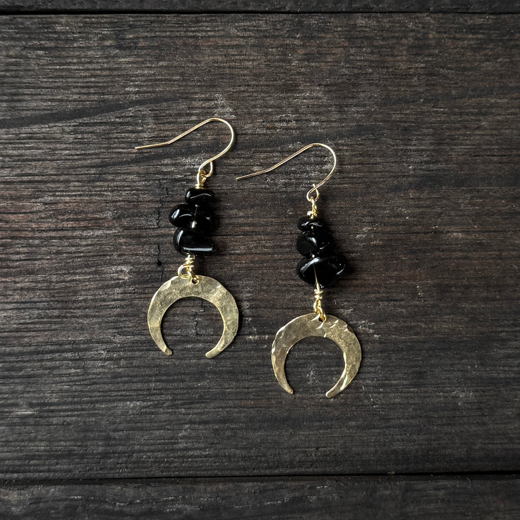 Tiny Moon Drops - Obsidian - Brass Earrings