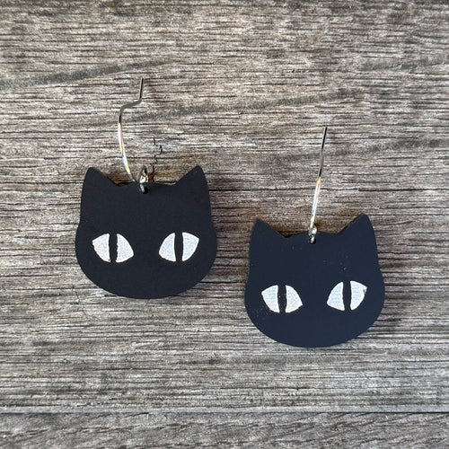 Midnight - Black Cat Earrings in Silver