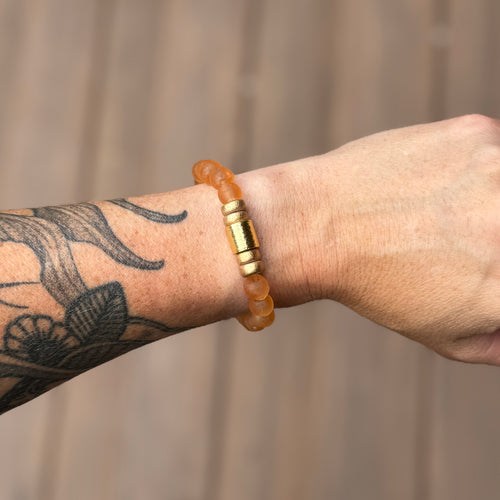 Beaded Bracelet - Peach Glass with Gold Accent Bead