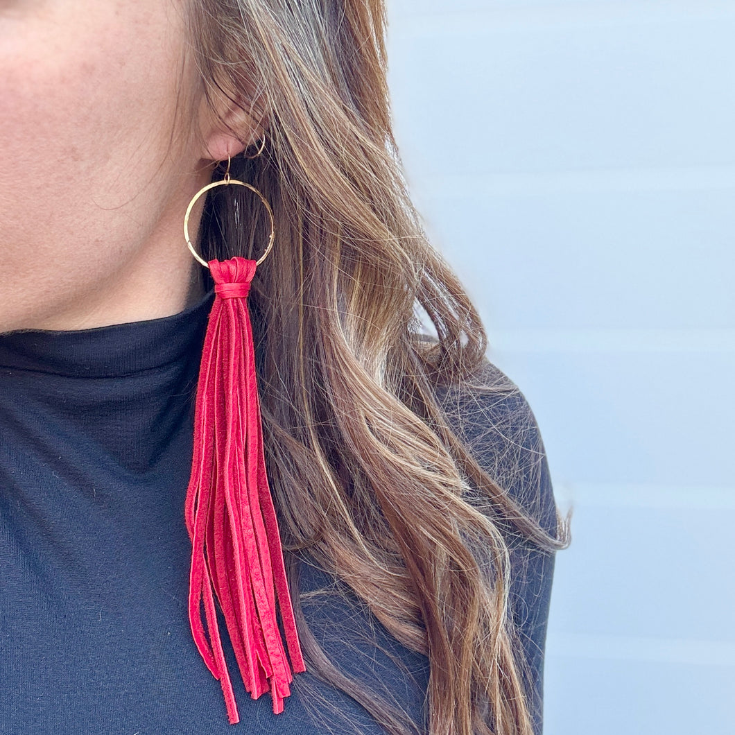 Boho Fringe - Long Red Tassels on Hammered Hoops