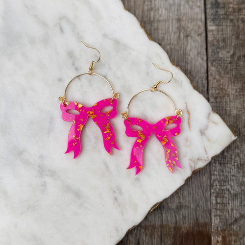 Audrey Bow Earrings - Bright Pink + Gold