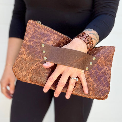 [raleigh leather] Clutch - Brown Basketweave