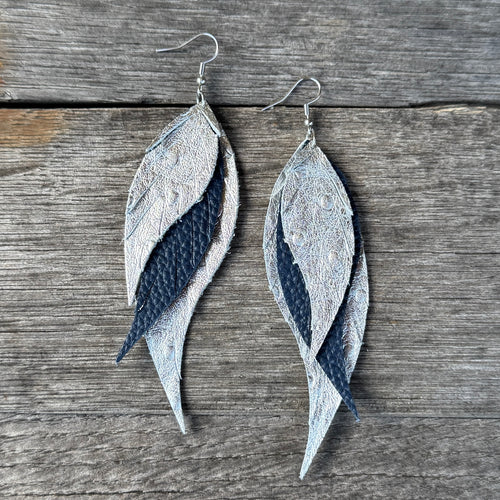 Wings of an Angel - GAMEDAY - Silver + Navy - Leather Earrings