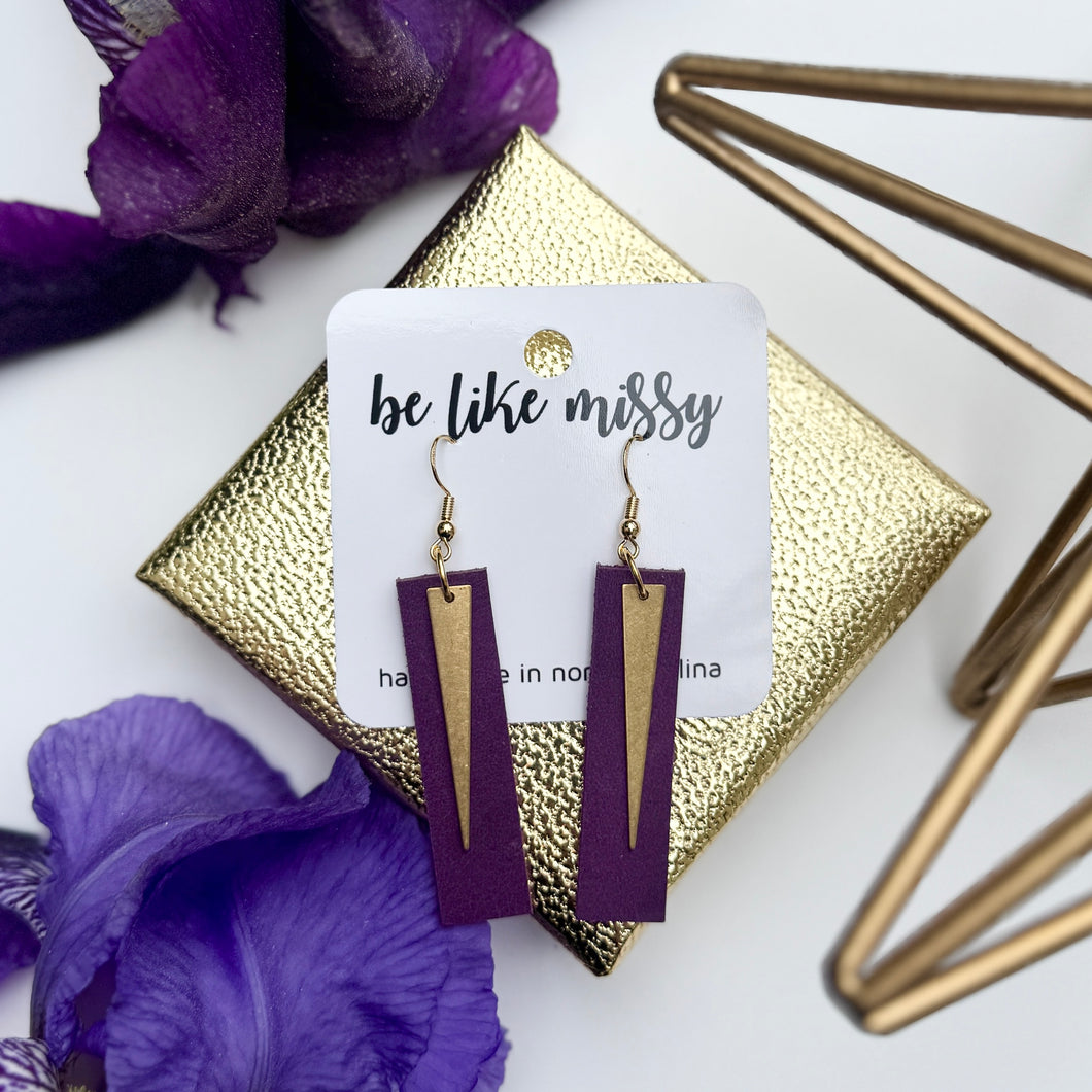 Purple and Gold Spike Bar Leather Earrings
