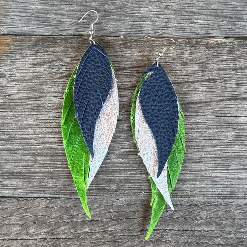 Wings of an Angel - GAMEDAY - Navy + Silver + Green  - Leather Earrings