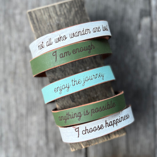 Distressed Leather Mantra Cuffs