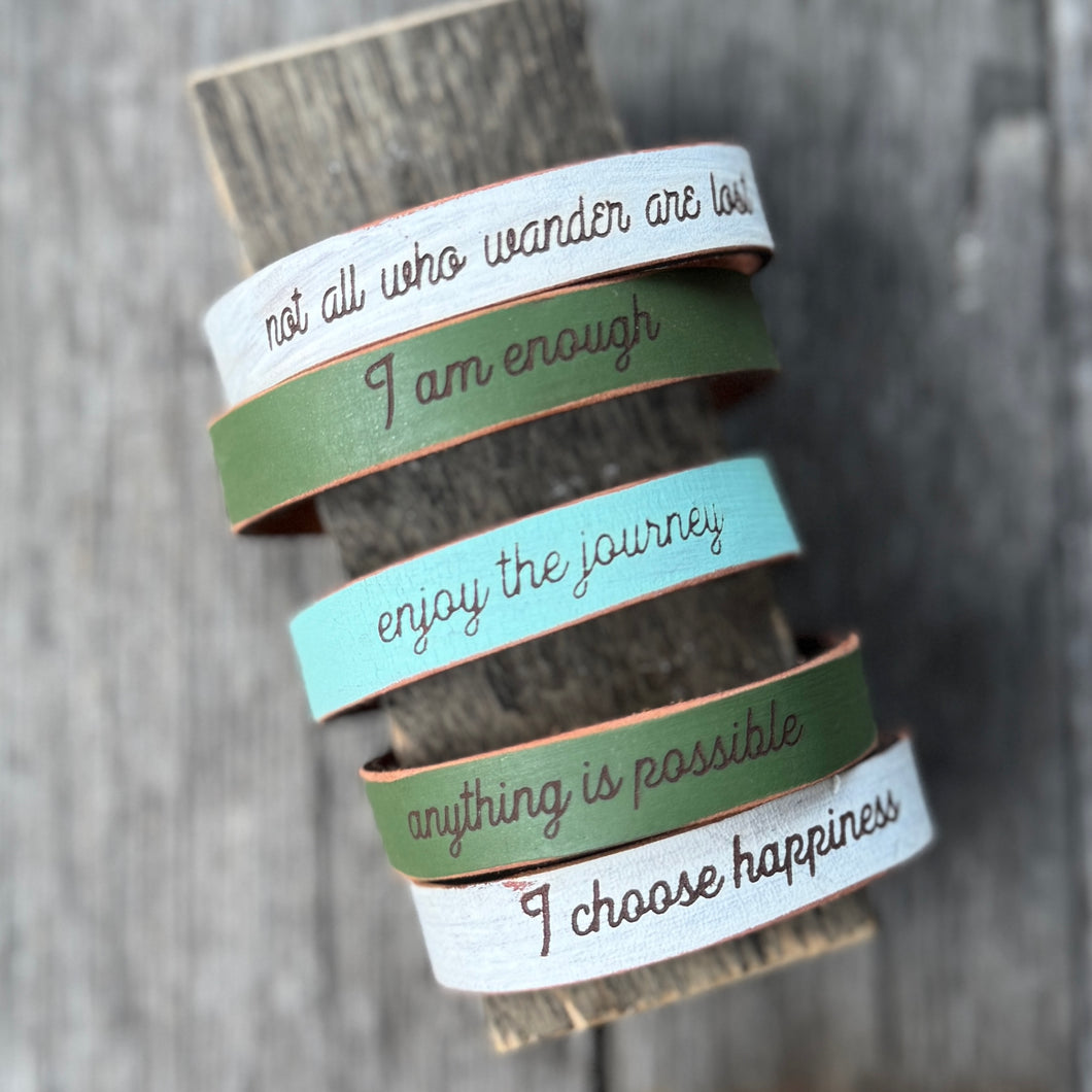 Distressed Leather Mantra Cuffs