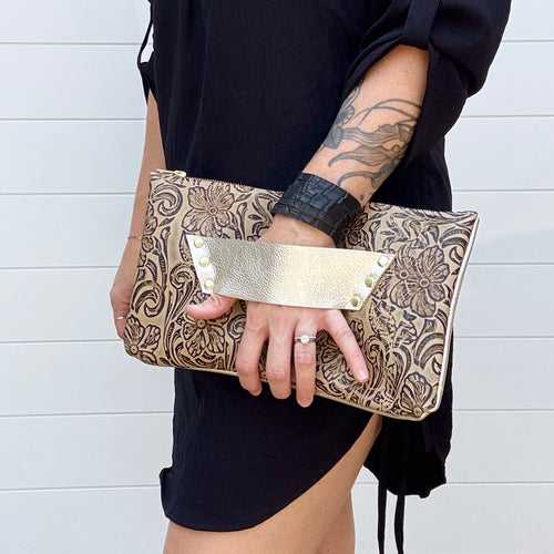 [raleigh leather] Clutch - Cafe au Lait Floral Embossed