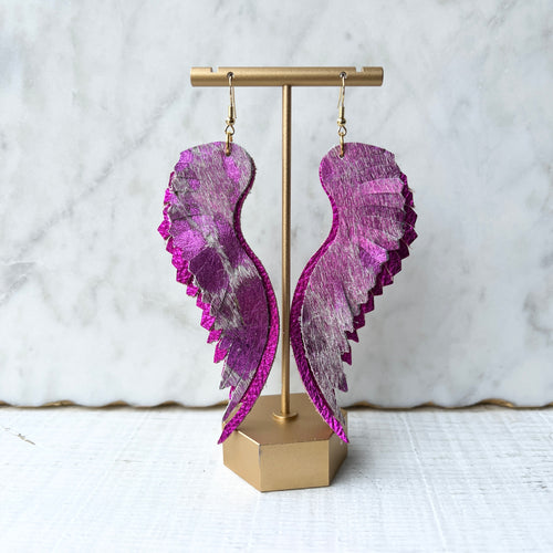 Angelica Angel Wings Pink Leather Statement Earrings