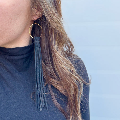 Boho Fringe - Long Black Tassels on Hammered Hoops