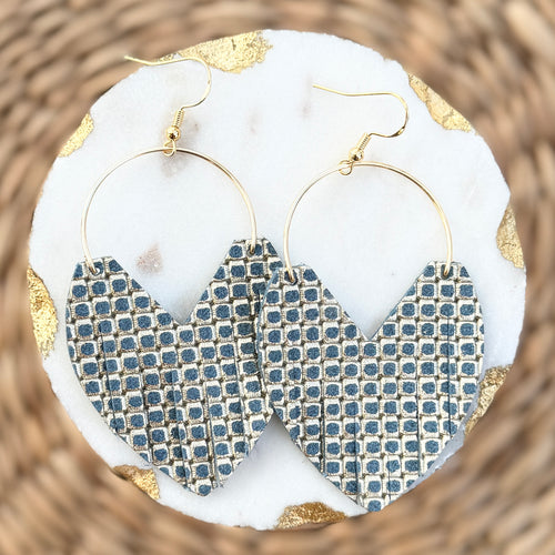 Glam Hoops - Blue + Gold Embossed - Leather Earrings