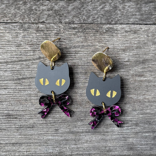 Dapper Midnight - Black Cat + Bow Earrings