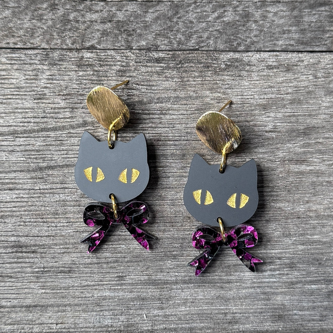 Dapper Midnight - Black Cat + Bow Earrings