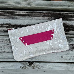 [raleigh leather] Clutch - Silver Acid Wash with Bright Pink