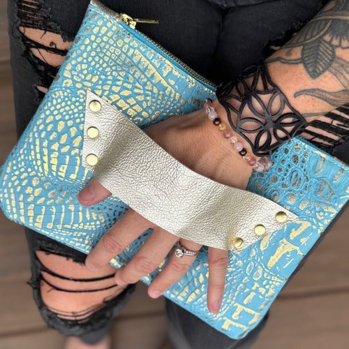[raleigh leather] Mini Clutch - Carolina Blue Croc