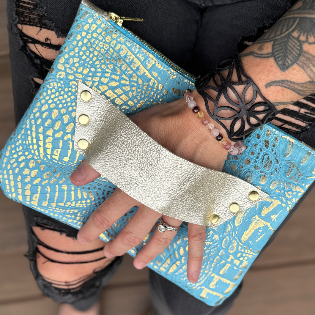 [raleigh leather] Mini Clutch - Carolina Blue Croc