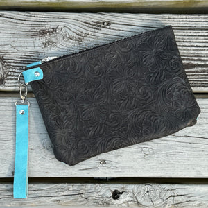 Large Zippered Wristlet - Black Floral Embossed + Aqua