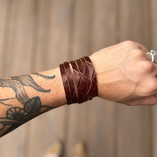 Split Leather Cuff - Brown Basketweave