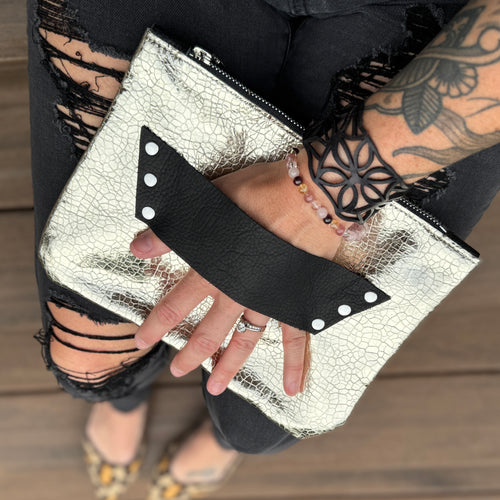 [raleigh leather] Mini Clutch - Champagne Crackle with Black