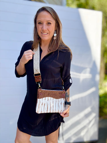 Go Small Zippered Crossbody - White Beachwood Wave with Fancy Strap