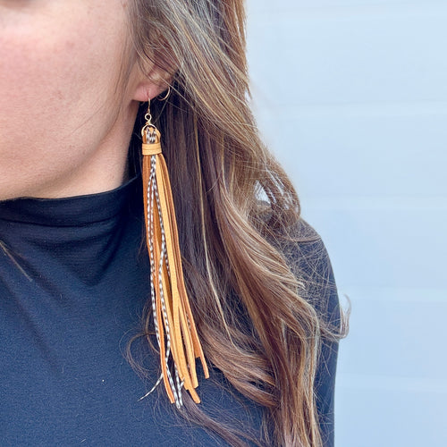 Boho Fringe - Long Camel Tassels with Feathers