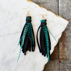 Boho Fringe - Short Black Tassels with Teal Feathers