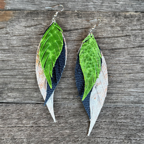 Wings of an Angel - GAMEDAY - Green + Navy + Silver  - Leather Earrings