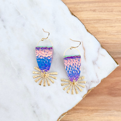 Here Comes the Sun - Iridescent Pink - Leather + Brass Earrings